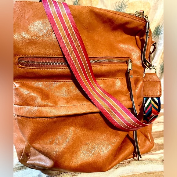 Boho Convertible Backpack Purse — Vegan Leather Camel Tan Bag with Aztec Strap - Picture 8 of 15